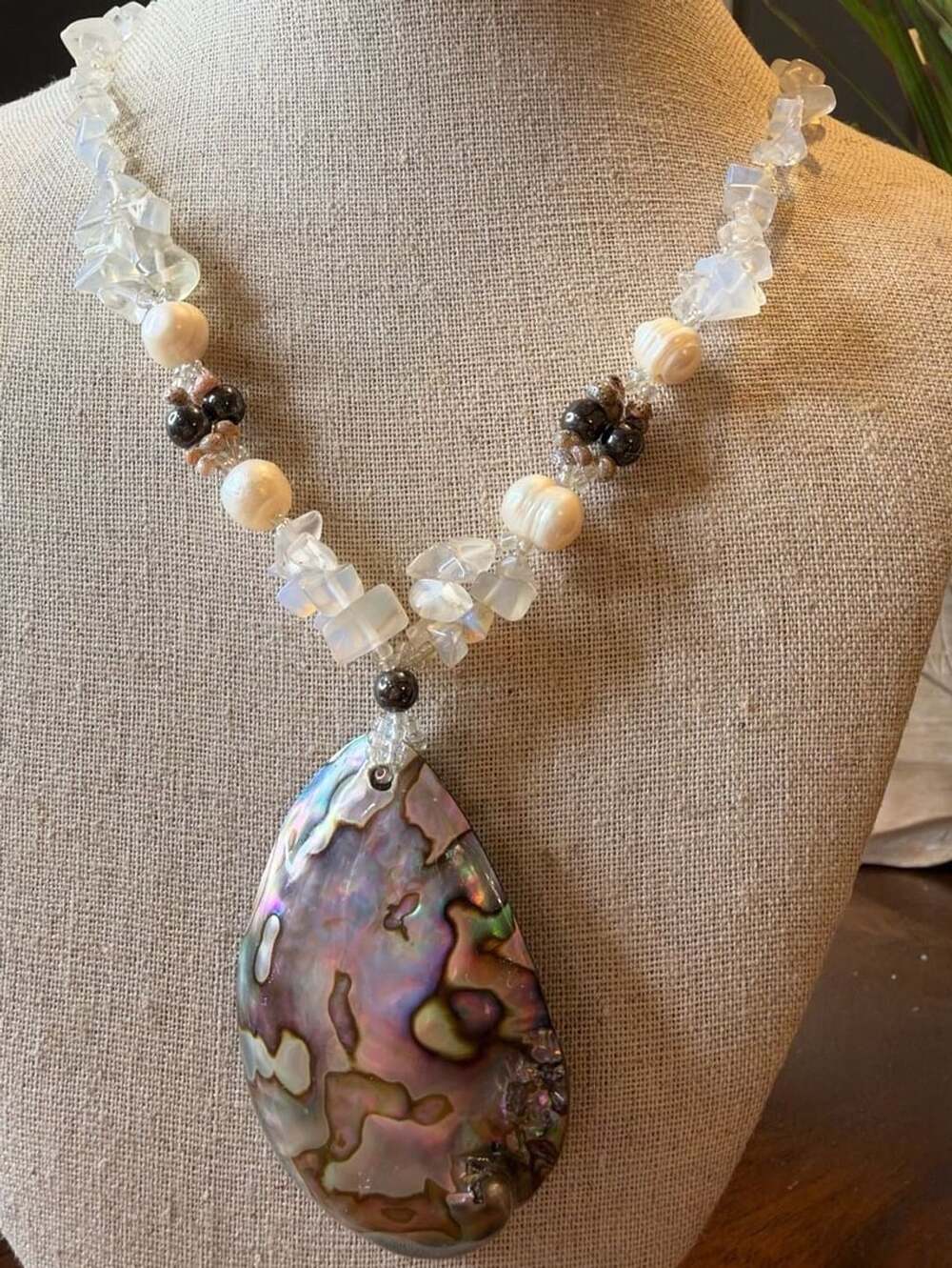 Handmade Abalone Shell Pendant Beaded Necklace With Pearls And Crystals